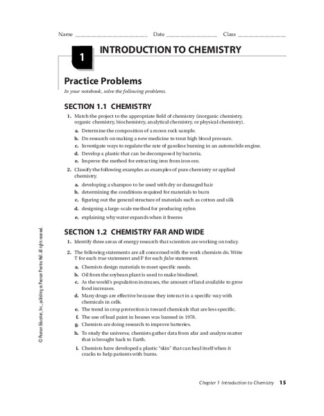 Introduction to Chemistry Worksheet