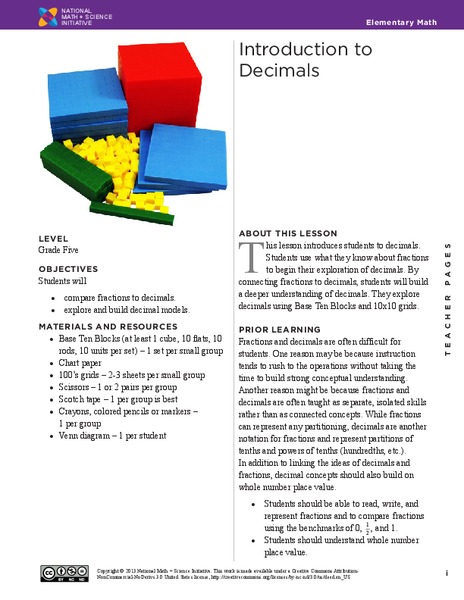 Introduction to Decimals Lesson Plan
