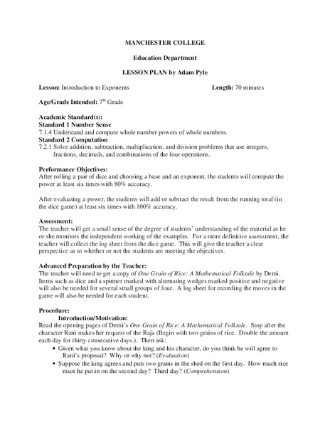 Introduction to Exponents Lesson Plan