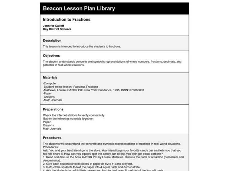 Introduction to Fractions Lesson Plan