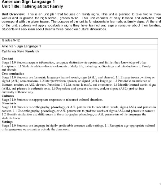 Talking about Family Unit Plan