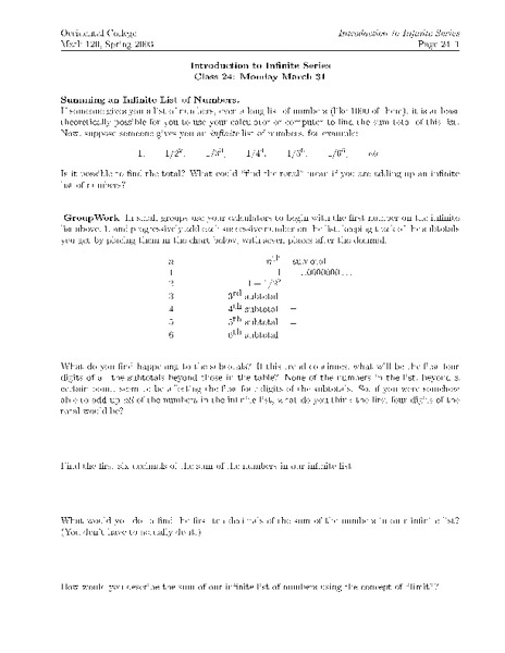 Introduction to Infinite Series Worksheet