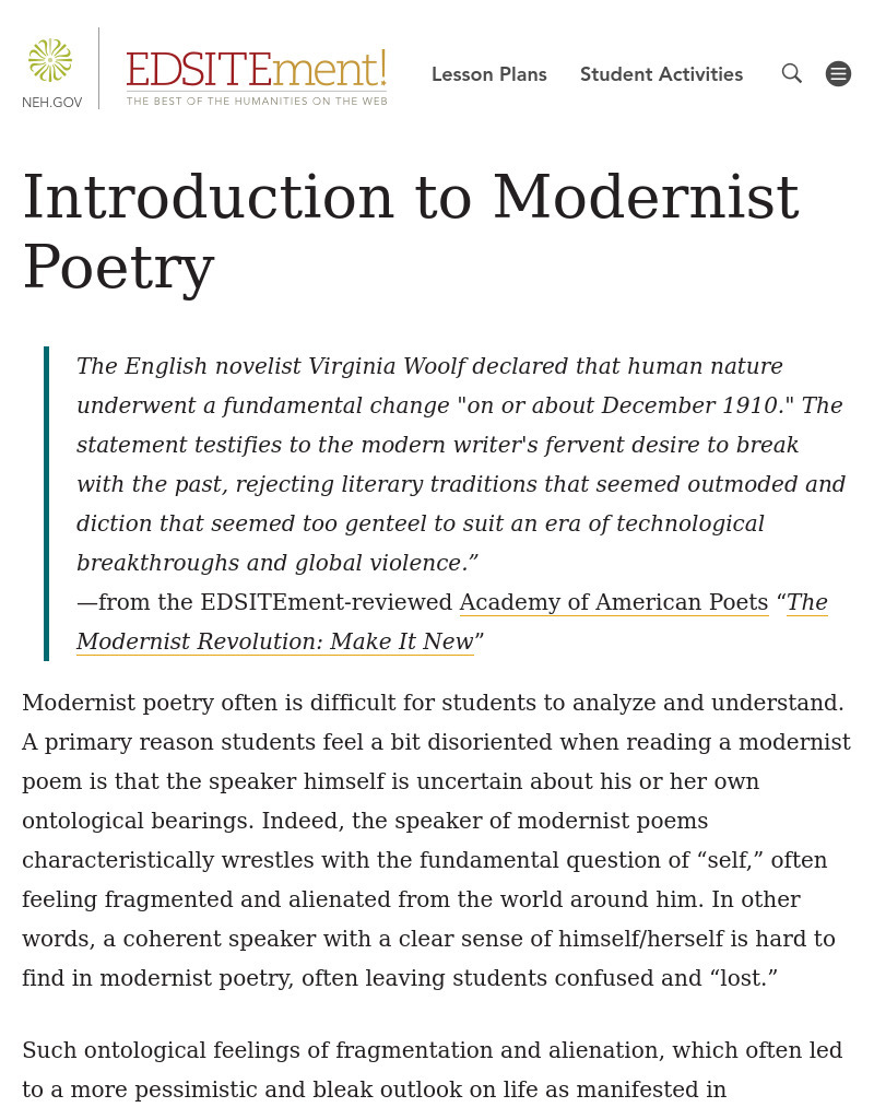 Introduction to Modernist Poetry Lesson Plan