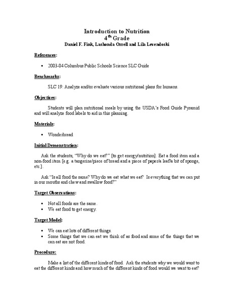 Introduction to Nutrition Lesson Plan