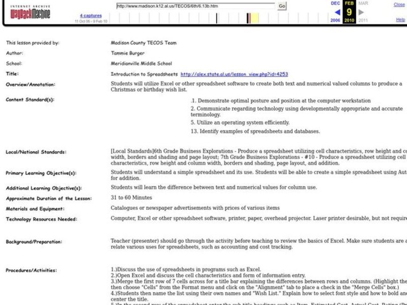 Introduction to Spreadsheets Lesson Plan