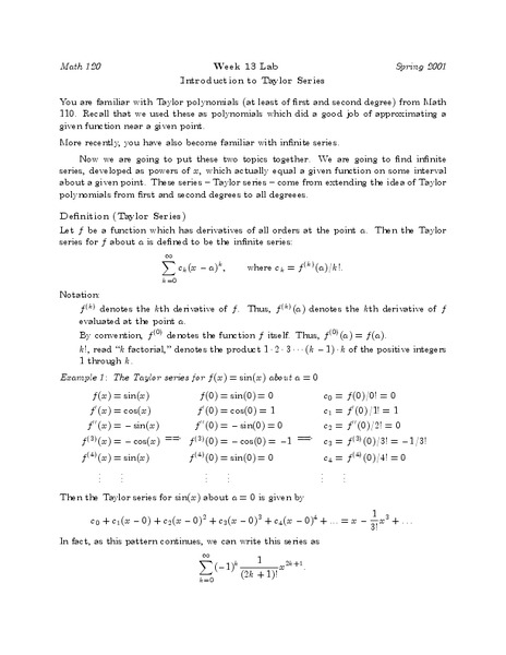 Introduction to Taylor Series Worksheet