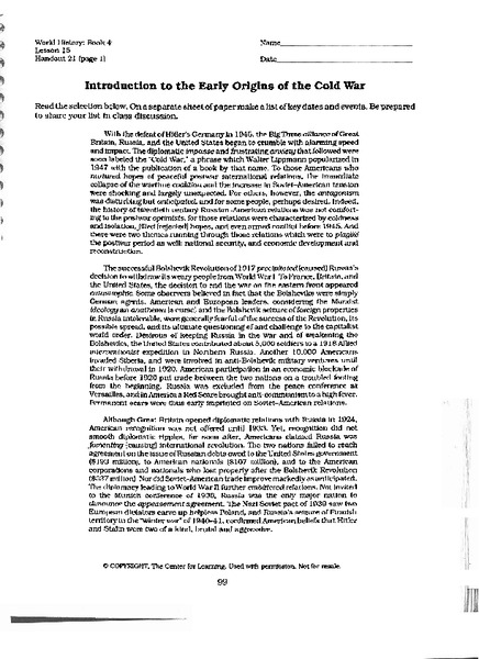 Introduction to the Early Origins of the Cold War Worksheet