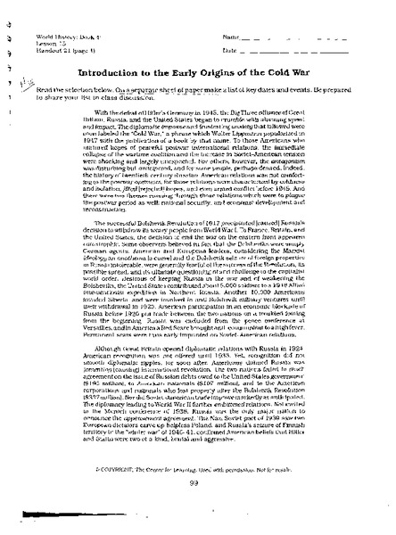 Introduction to the Early Origins of the Cold War Worksheet