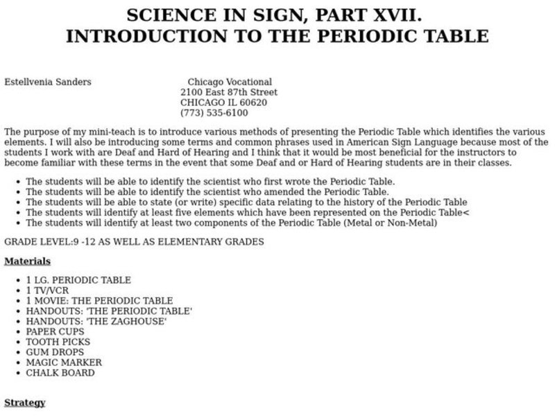 INTRODUCTION TO THE PERIODIC TABLE Lesson Plan