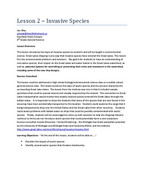 Invasive Species   Lesson Plan