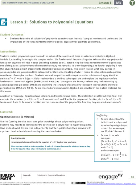 Solutions to Polynomial Equations Lesson Plan