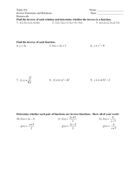 Inverse Functions and Relations Worksheet