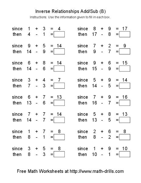 Inverse Relationships Add/Sub (B) Worksheet