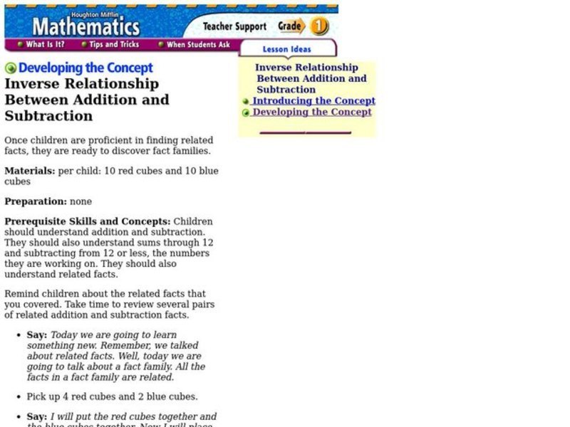 Inverse Relationship Between Addition and Subtraction Lesson Plan