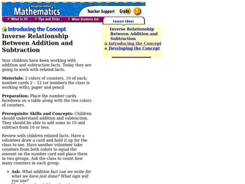 Inverse Relationship Between Addition and subtraction Lesson Plan