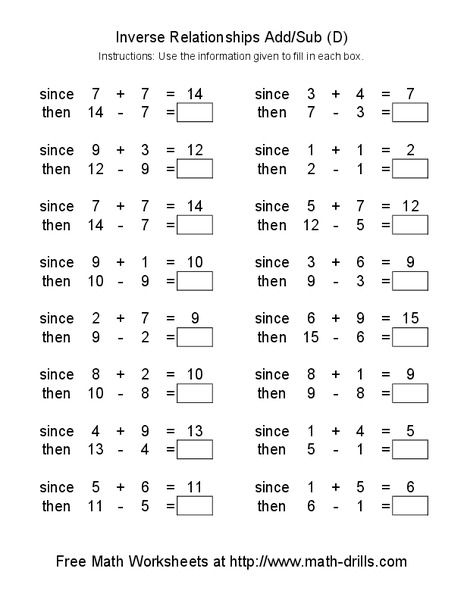 Inverse Relationships Add/Sub (D) Worksheet