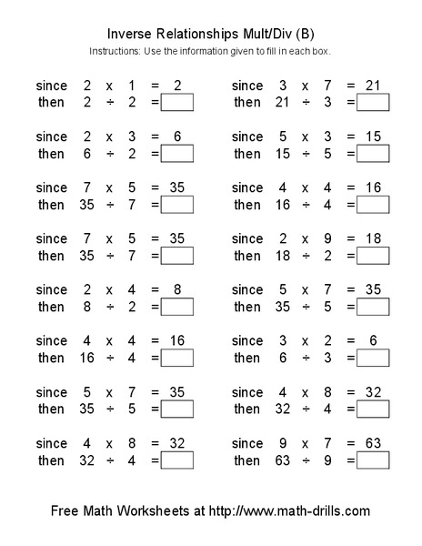 Inverse Relationships Mult/Div (B) Worksheet