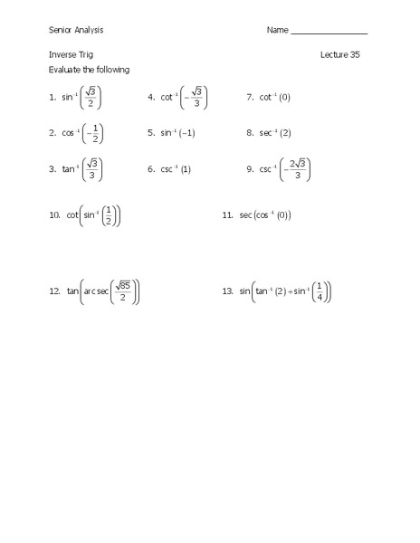 Inverse Trig Worksheet