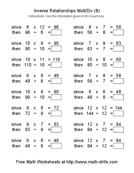 Inverse Relationships Mult/Div (B) Worksheet
