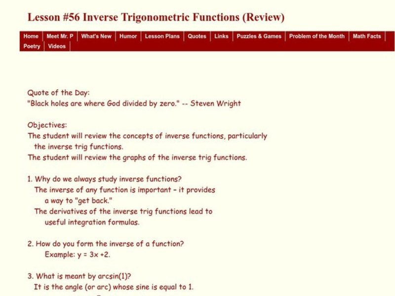 Inverse Trigonometric Functions (Review) Lesson Plan