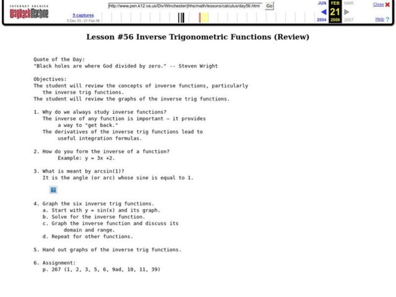 Inverse Trigonometric Functions (Review) Lesson Plan