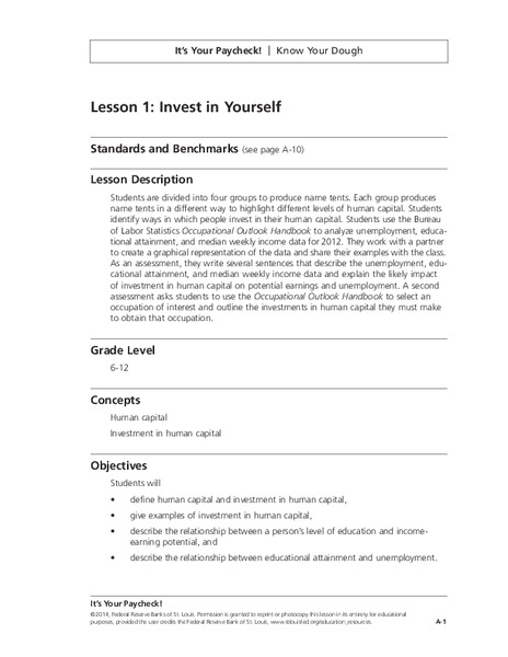 Invest in Yourself Lesson Plan