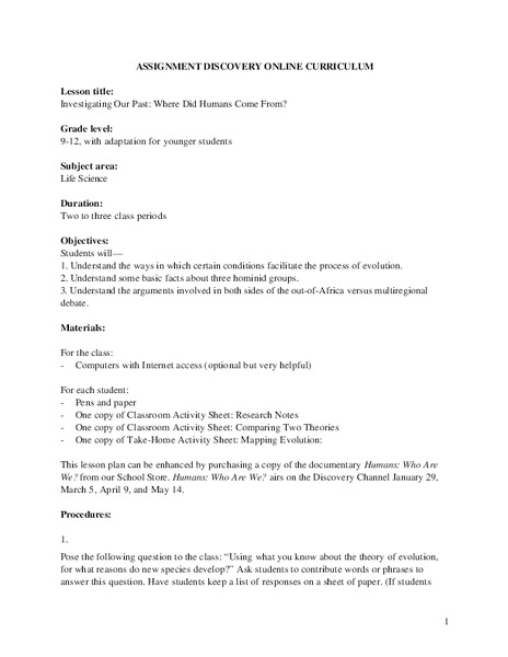 Investigating Our Past: Where Did Humans Come From? Lesson Plan