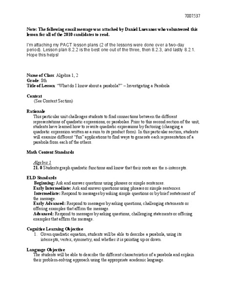 Investigating Parabolas Lesson Plan