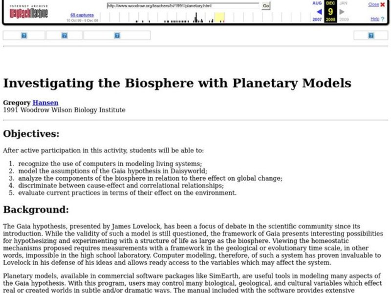 Investigating the Biosphere with Planetary Models Lesson Plan