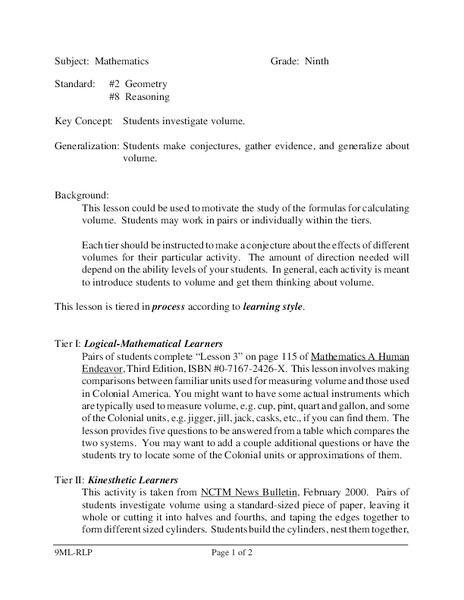 Investigating Volume Lesson Plan