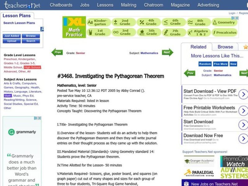 Investigating the Pythagorean Theorem Lesson Plan