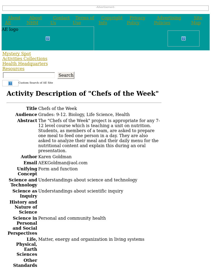 Chefs of the Week Lesson Plan