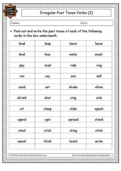 Irregular Past Tense Verbs Worksheet