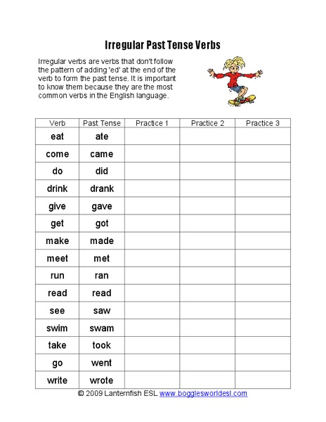 Irregular Past Tense Verbs Worksheet