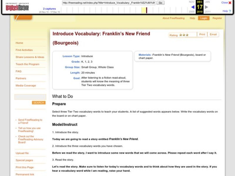 Introduce Vocabulary: Franklin's New Friend Lesson Plan