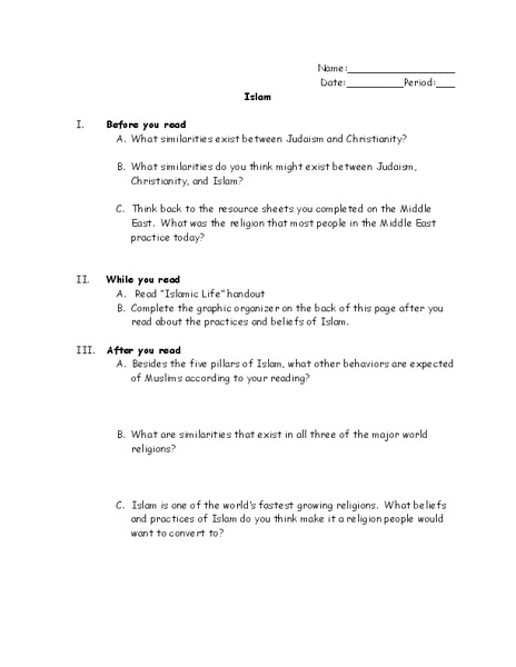 Islam Worksheet