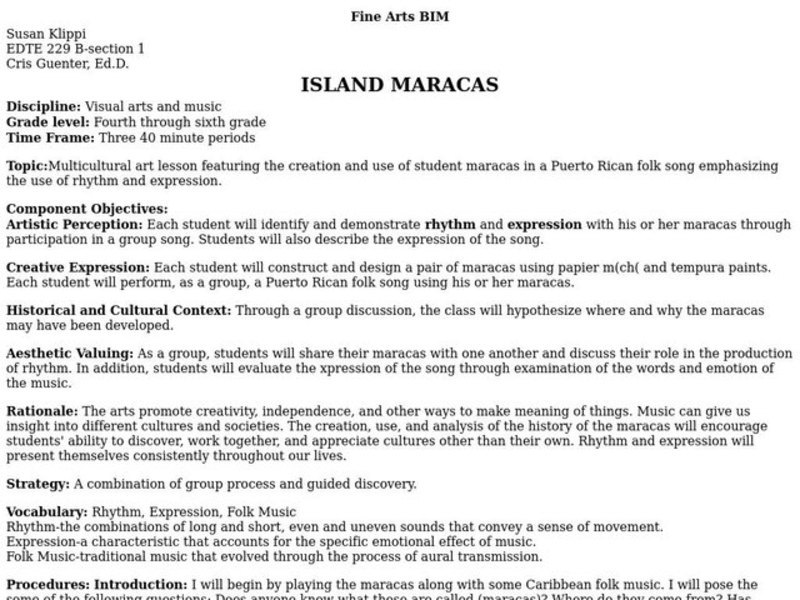 Island Maracas Lesson Plan