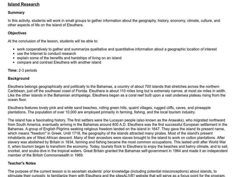 Island Research Lesson Plan