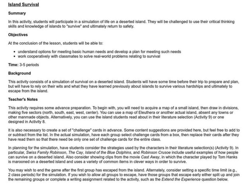 Island Survival Lesson Plan