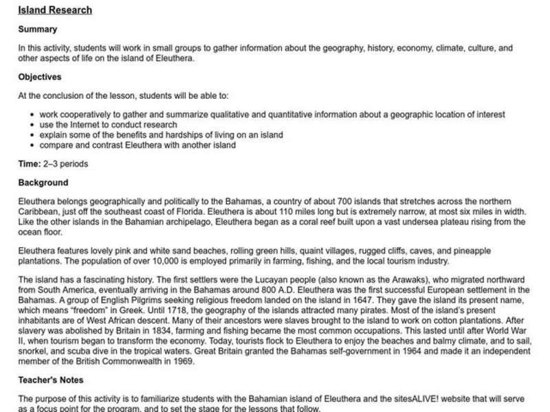 Island Research Lesson Plan