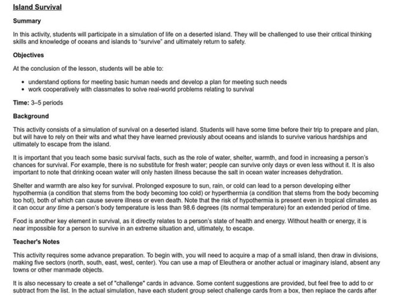 Island Survival Lesson Plan