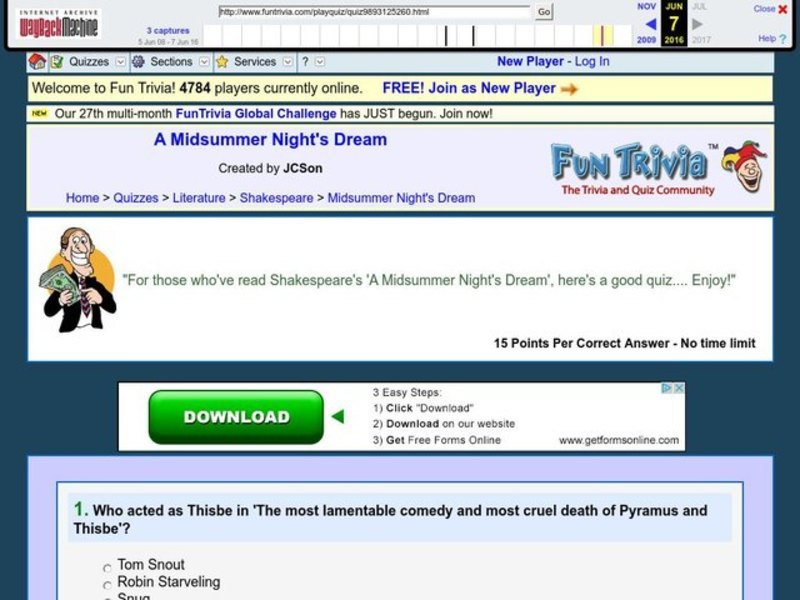 A Midsummer Night's Dream: Fun Trivia Quiz Worksheet