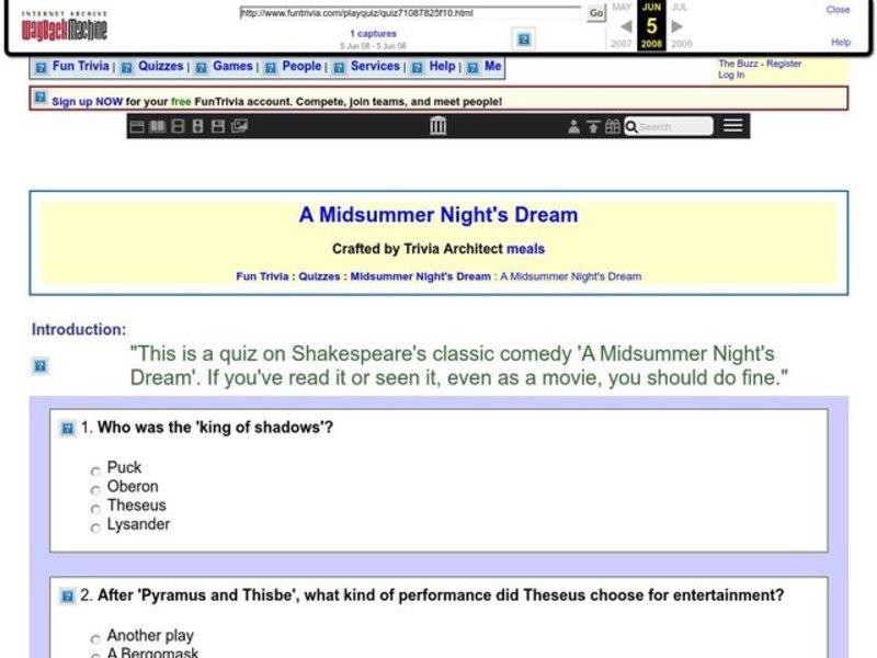 A Midsummer Night's Dream: Fun Trivia Quiz Worksheet
