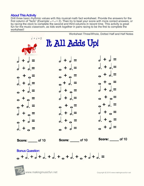 It All Adds Up | Free Music Rhythm Worksheet III Worksheet