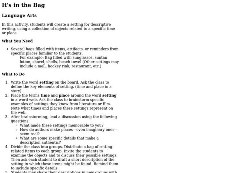 It's in the Bag Lesson Plan