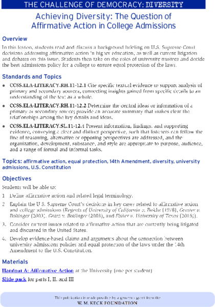 Achieving Diversity: The Question of Affirmative Action in College Admissions Lesson Plan