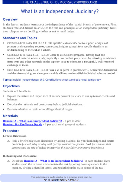 What Is an Independent Judiciary? Lesson Plan