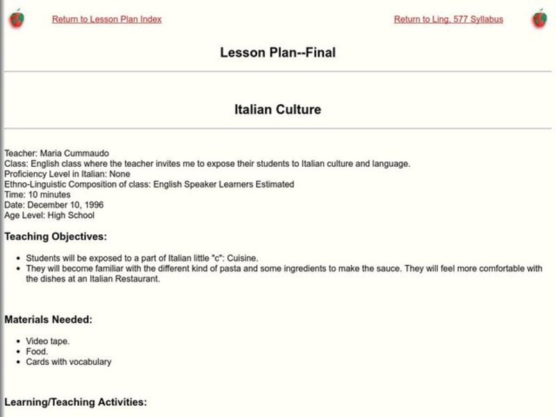 Italian Culture Lesson Plan