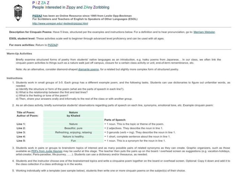 Cinquain Poems Lesson Plan
