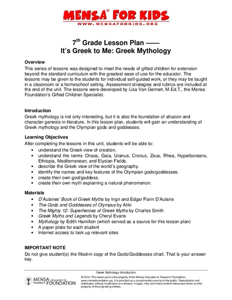 It’s Greek to Me: Greek Mythology Unit Plan